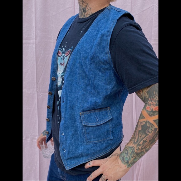 Sold • Lee 1970s Vintage Denim Jean Vest 42R M Medium - Picture 4 of 5